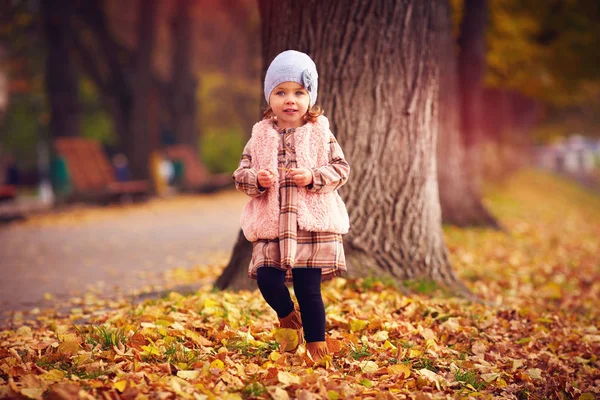 Mignonne fille à la mode bébé marche dans le parc d'automne parmi les feuilles tombées — Photo