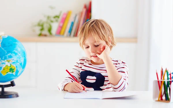 Маленький ребенок, мальчик, выполняющий домашнюю работу дома — стоковое фото
