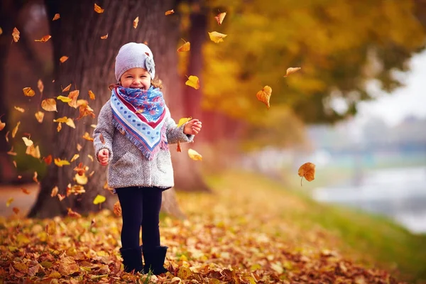 Sonbahar parkta oynarken düşen yapraklar, alıcı mutlu bebek kız — Stok fotoğraf