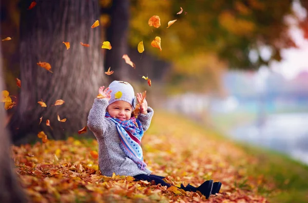 Sonbahar parkta oynarken düşen yapraklar, alıcı mutlu bebek kız — Stok fotoğraf