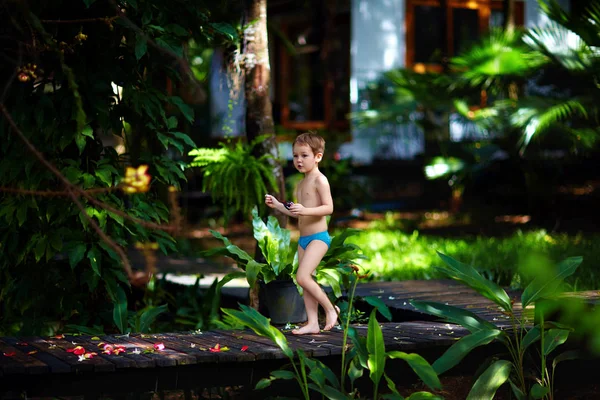 Menino caminhando ao longo do caminho de madeira no jardim tropical — Fotografia de Stock