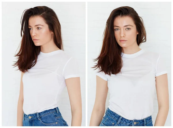 Joven atractiva chica posando en modelo prueba disparar con luz natural día —  Fotos de Stock