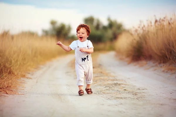 Bonito criança bebê menino correndo ao longo do caminho no verão campo — Fotografia de Stock