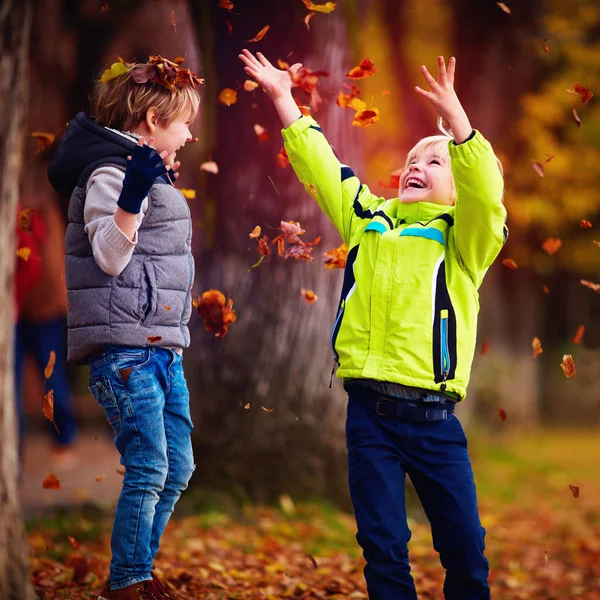 Encantado crianças da escola feliz se divertindo jogando folhas caídas no parque de outono — Fotografia de Stock