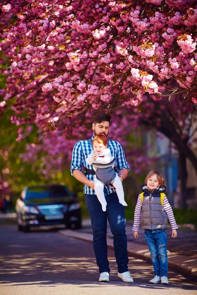 Padre feliz con los niños en el paseo en la ciudad de primavera, portabebés, licencia paterna — Foto de Stock