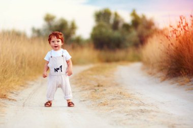 çok güzel kızıl saçlı yürümeye başlayan çocuk bebek tulum güneş yanığı alanındaki kırsal yaz yol boyunca yürüyüş içinde