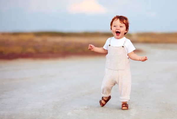 Schattig roodharige peuter babyjongen in jumpsuit doorheen de zomer weg en veld — Stockfoto