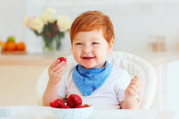 Portrait Happy Toddler Baby Eating Tasty Fresh Starwberries — Stock Photo, Image