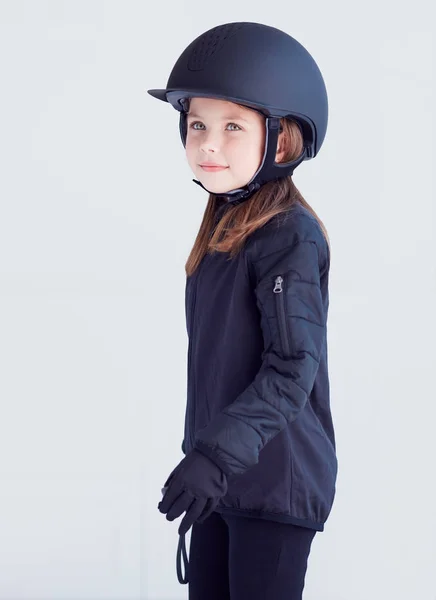 Retrato Menina Criança Jovem Roupa Cavaleiro Cavalo — Fotografia de Stock