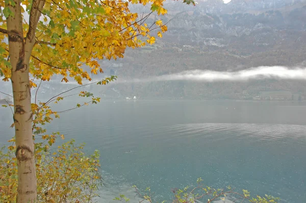 Ομίχλη που κρέμεται πάνω από τη λίμνη Walensee — Φωτογραφία Αρχείου