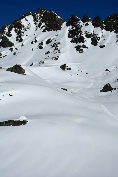 野外滑雪者的天堂新鲜的小雪 走廊和广阔的开放空间在灿烂的蓝天下 滑雪道穿过新雪 — 图库照片