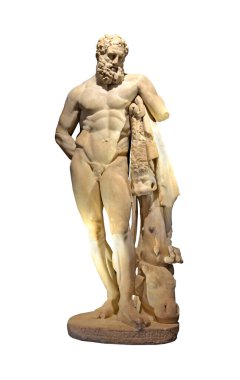 Lysippos 'un antik Yunan Herkül heykeli. Antik dünyanın en ünlü heykeltraşlarından ve heykellerinden biri. Beyaz bir arkaplanda izole edilmiş