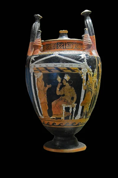 Antik Yunan Kırmızı Şekil Vazosu Tanrıça Iaso Nun Oturduğunu Aynaya - Stok İmaj