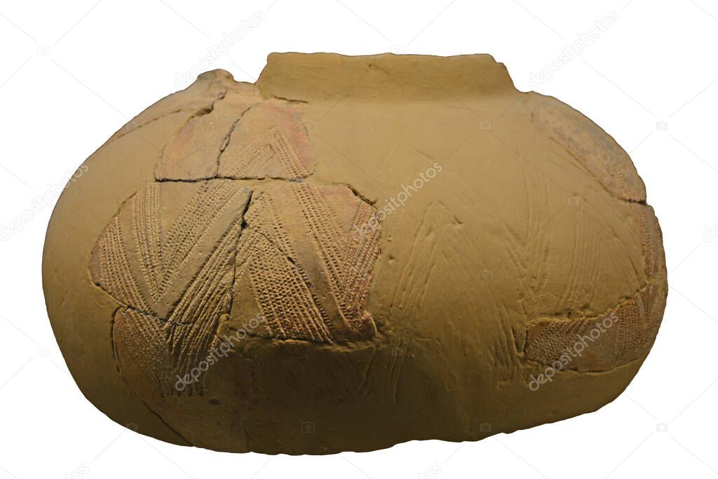 An Ancient Stone Age bowl from 8,000 years ago, found in Sicily, decorated with a geometric impressed design. Isolated against a white background