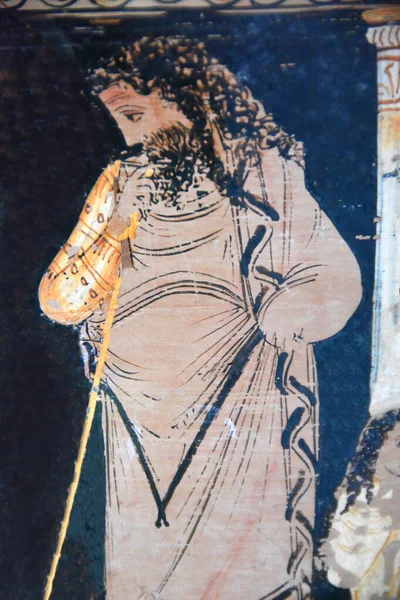 Antigua Pintura Griega Hombre Reflexivo Con Barba Bastón Vestido Con — Foto de Stock