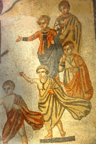 Ancient Roman Mosaic Mother Children Watching Fight Unesco Listed Ancient — Stock Photo, Image