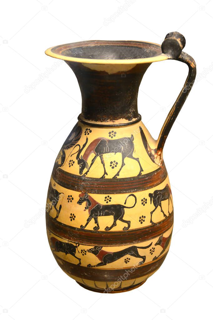 Beautiful example of an Ancient Greek Vase from the early Orientalizing Period, about 2,700 years ago. With designs of antelopes grazing, lions and dogs hunting boars 