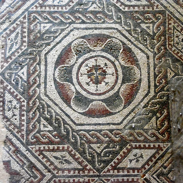 Antiguo Piso Mosaico Romano Diseño Hexagonal Complejo Con Varios Diseños — Foto de Stock