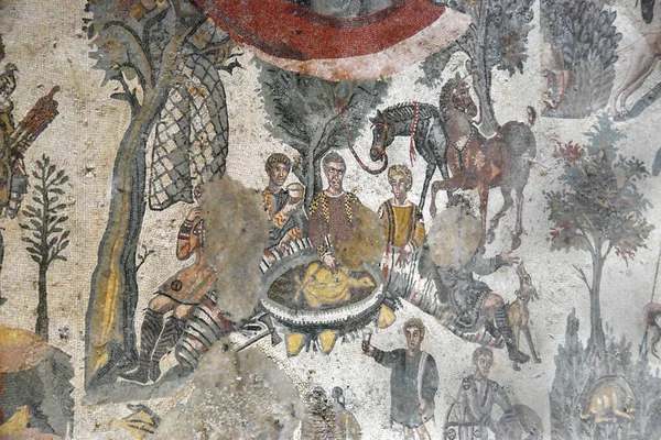 Ősi Római Mozaik Egy Piknik Során Egy Vadászat Expedíció Árnyékában — Stock Fotó