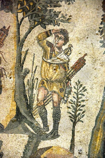 Ancient Roman Mosaic Partridge Hunting Inglés Mostrando Cazador Con Postes — Foto de Stock