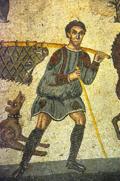 Mozaicul Roman Antic Unui Porter Care Transporta Mistreț Timpul Unei — Fotografie, imagine de stoc