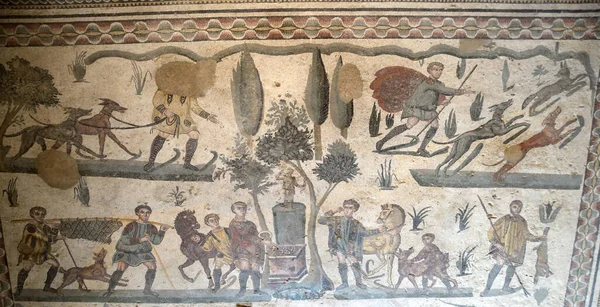 Famoso Mosaico Romano Antigo Conhecido Como Little Hunt Mostrando Muitas — Fotografia de Stock