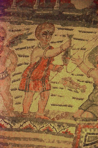 Antiguo Mosaico Romano Cupidos Pesca Con Caña Cuerda Una Alegoría — Foto de Stock