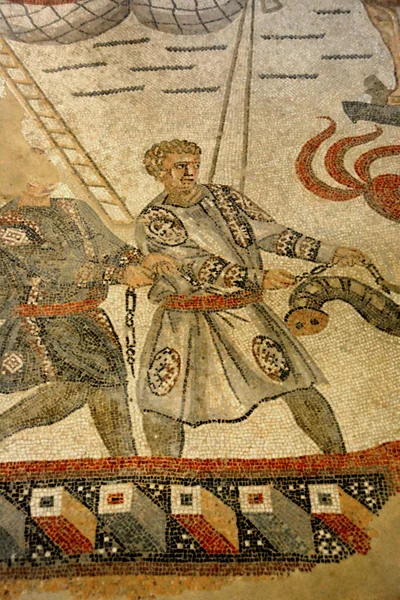 Den Antika Romerska Mosaikscenen Visar Romarna Lasta Elefant Transport Galley — Stockfoto
