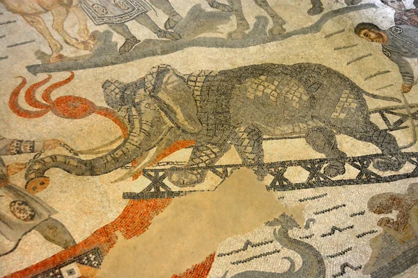 Oude Romeinse Mozaïek Scène Toont Een Olifant Wordt Geladen Een — Stockfoto