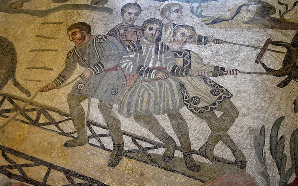 Trabajadores Escena Del Mosaico Romano Antiguo Cargando Animales Pasarela Barco — Foto de Stock