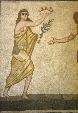 Antik Roma mozaiğinde, atletizm müsabakasından sonra verilen ve bir gül tacı ve yaprağı içeren bir ödül. UNESCO listesinden Villa Romana del Casale, Sicilya