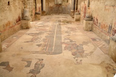 Roma 'nın Maximus Sirki' nde bir at arabası yarışının antik Roma mozaik zemini. UNESCO 'da Sicilya' daki Villa Romana del Casale 'deki Antik Roma mozaikleri listelendi.