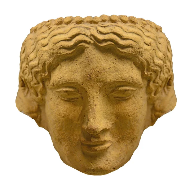 Ancient Greek Sculpture of a woman\'s head with wavy hair and a calm expression. Dated to 600BC