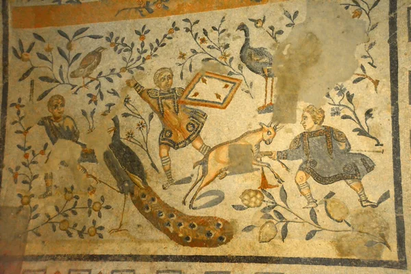 少年の古代ローマのモザイク孔雀とヤギを槍 ユネスコの世界遺産に登録されている古代ローマのモザイクのヴィラ ロマーナ カザーレ シチリア — ストック写真