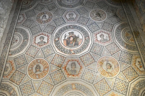 Forntida Romerskt Mosaikgolv Med Erotisk Medaljong Mitten Unesco Listade Antika — Stockfoto