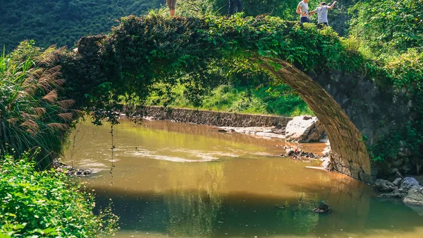 Romántico Puente Antiguo Hecho Piedra Rocas Cruzando Pequeño Río Durante —  Fotos de Stock