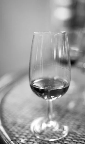 Closeup Macro View One Glass Wine Table Black White — Stock Photo, Image