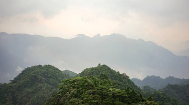 Çin 'deki dağların üzerindeki milli parkın güzel renkli gündoğumu, tepeleri, bulutları, sisi ve renk gölgeleri, yürüyüş ve doğa yürüyüşü, zirve zirvesi olan gizemli bir manzara.