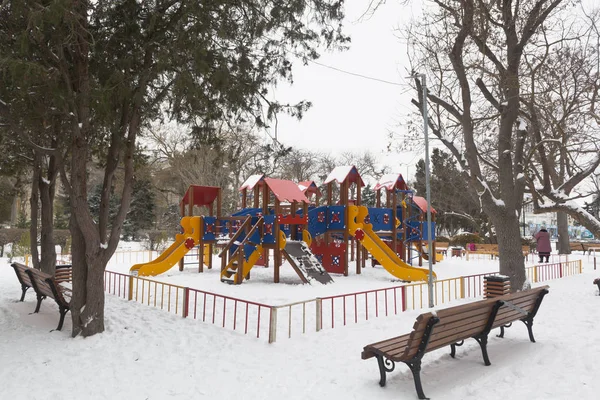 Snow Covered Playground Park Named Lenin Shakaevsky Garden Resort Town — Stock Photo, Image