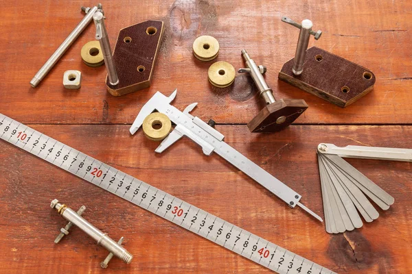 Caliper Lies Wooden Background Other Tools Parts — 스톡 사진