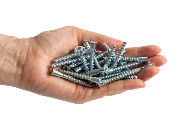 Woman Holds Furniture Screws Her Hand — Stock Photo, Image