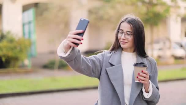 Hermosa mujer que tiene chat de vídeo con teléfono inteligente — Vídeos de Stock