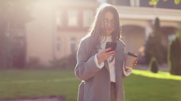 Mulher jovem mensagens de texto ou usando smartphone — Vídeo de Stock