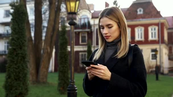 Mulher Atraente Digitando Mensagens Seu Smartphone Ter Rua Divertir Desfrutar — Vídeo de Stock