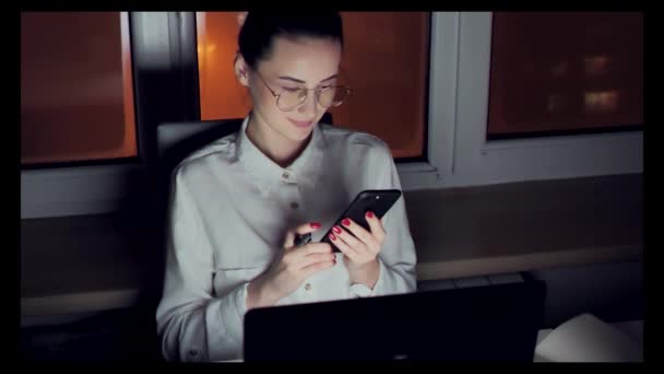 Young Self Employed Woman Working Office Sitting Windowsill Large Window — Stockvideo