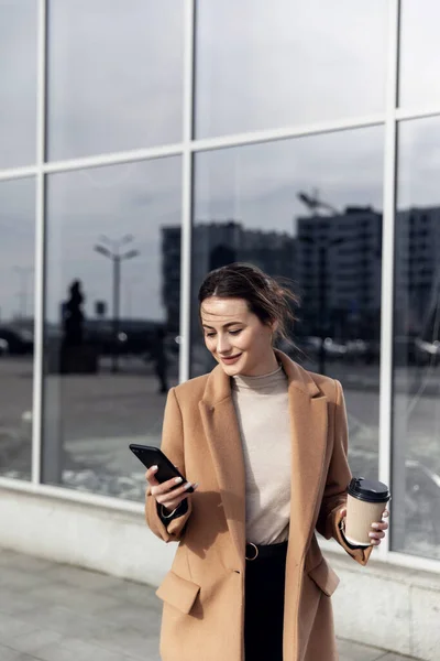 Mujer Negocios Sonriendo Encantadoramente Usando Smartphone Mujer Disfrutando Día Soleado — Foto de Stock