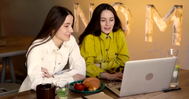 Mujeres Confiadas Ropa Moda Que Tienen Reuniones Negocios Entorno Informal — Vídeo de stock