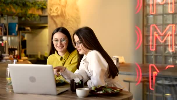 Skupina Dvou Usměvavých Fen Hnědými Vlasy Brýlích Pracuje Notebooku Mluví — Stock video