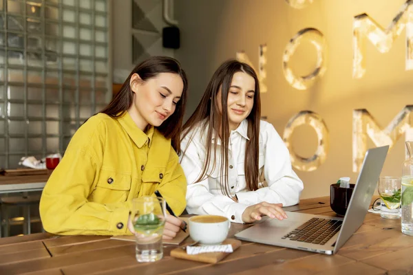 在现代咖啡馆里 两个戴着褐色眼镜 笑着的女人在笔记本电脑上工作 在智能手机上聊天 穿着时髦服装的年轻女商人在网上解决问题 — 图库照片