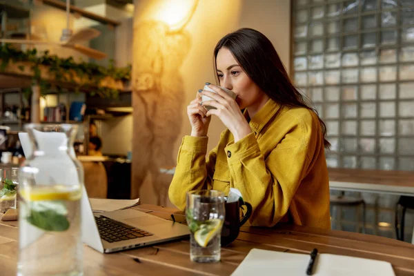 Attractive Girl Working Laptop Lunch Time — Stock Photo, Image
